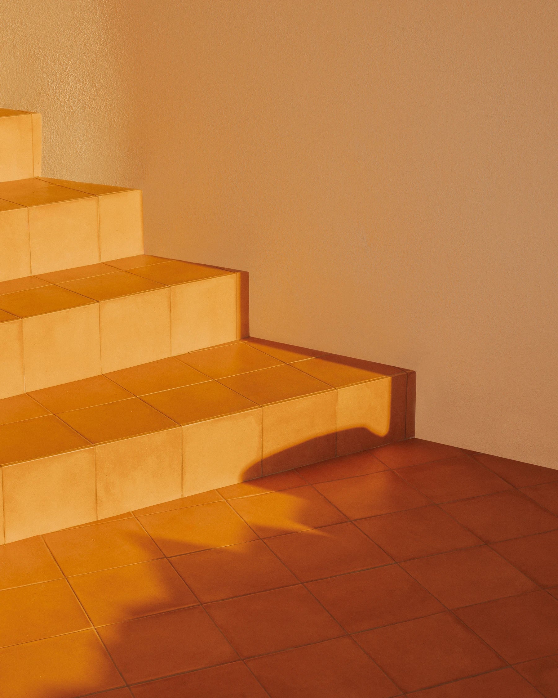 Sunlight illuminating terracotta steps inside Casa Scalesciani in Sardinia.