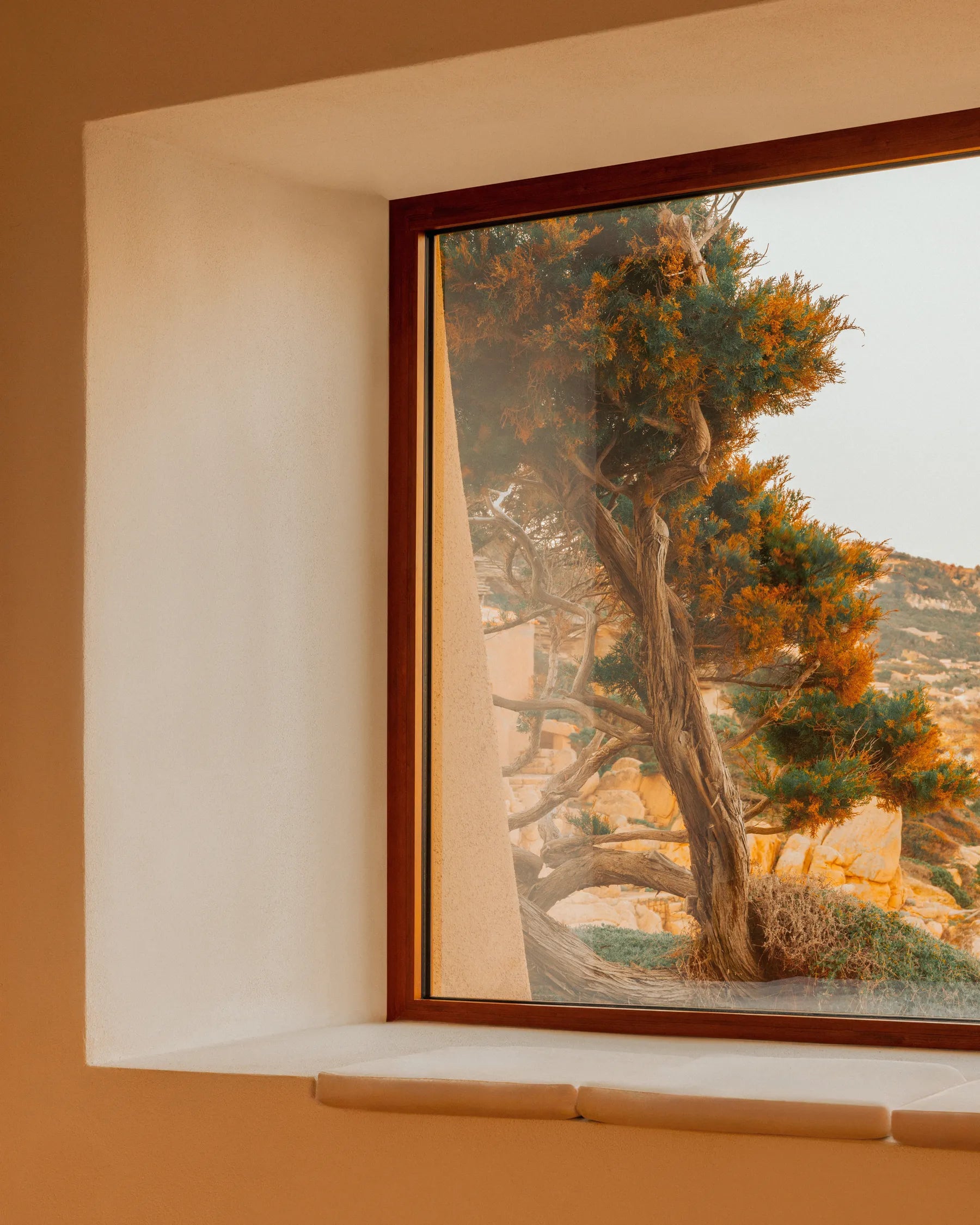 Mediterranean landscape framed by a window inside Casa Scalesciani.