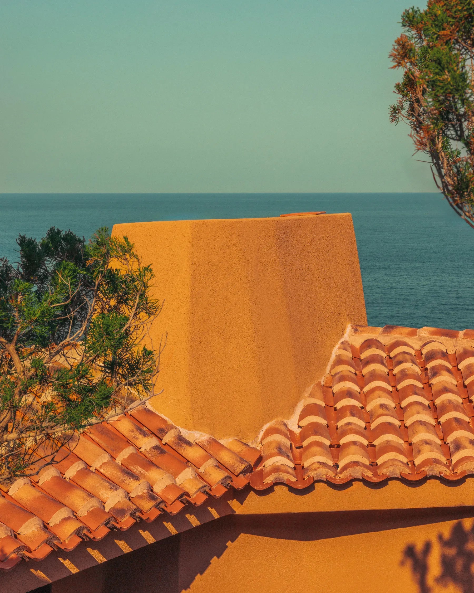 Terracotta roof of Casa Scalesciani with the Mediterranean Sea in the background.